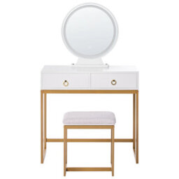 Beliani Dressing Table White Gold Mdf With Led Mirror, 4 Drawers, Matching Stool - thumbnail 1
