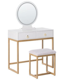 Beliani Dressing Table White Gold Mdf With Led Mirror, 4 Drawers, Matching Stool - thumbnail 3
