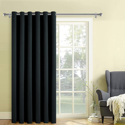 Oxford Homeware Plain Black 230Gsm Blackout Curtain Thermal Insulated Eyelet For Door Curtain (W)168Cm X (L)213Cm Single Panel - image 1
