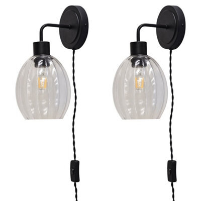 First Choice Lighting Set Of 2 Toby - Black Plug In Wall Lights Fluted Glass Shades - image 1