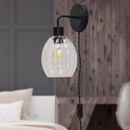 First Choice Lighting Set Of 2 Toby - Black Plug In Wall Lights Fluted Glass Shades - thumbnail 4