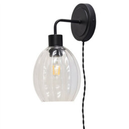 First Choice Lighting Set Of 2 Toby - Black Plug In Wall Lights Fluted Glass Shades - thumbnail 3
