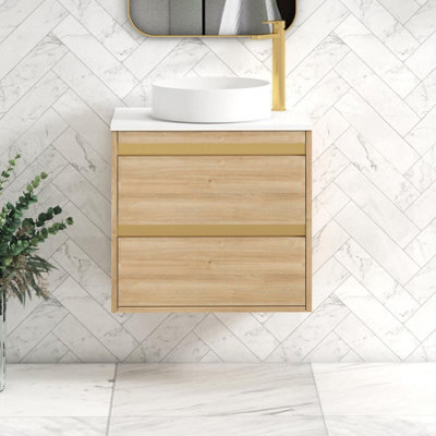 Royal Bathrooms Orion 600mm Natural Oak Wall Hung Plain White Countertop Vanity Unit 2 Drawer With Art Basin & Brushed Brass Accent Trim - image 1