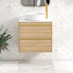 Royal Bathrooms Orion 600mm Natural Oak Wall Hung Plain White Countertop Vanity Unit 2 Drawer With Art Basin & Brushed Brass Accent Trim - thumbnail 1