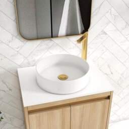 Royal Bathrooms Orion 600mm Natural Oak Wall Hung Plain White Countertop Vanity Unit 2 Drawer With Art Basin & Brushed Brass Accent Trim - thumbnail 5