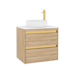 Royal Bathrooms Orion 600mm Natural Oak Wall Hung Plain White Countertop Vanity Unit 2 Drawer With Art Basin & Brushed Brass Accent Trim - thumbnail 6
