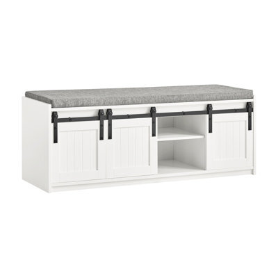 Sobuy Fsr133-W, Shoe Storage Bench With Sliding Doors And Cushion Shoe Cabinet Hallway Bench, Holds 6 Pairs, White - image 1