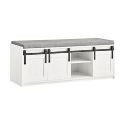 Sobuy Fsr133-W, Shoe Storage Bench With Sliding Doors And Cushion Shoe Cabinet Hallway Bench, Holds 6 Pairs, White - thumbnail 1