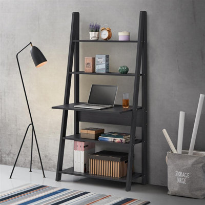 Timber Art Design Riva Ladder Bookcase With 5 Tier Shelves & Overhanging Desk Shelf In Black - image 1
