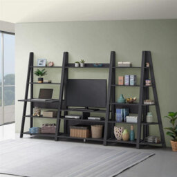Timber Art Design Riva Ladder Bookcase With 5 Tier Shelves & Overhanging Desk Shelf In Black - thumbnail 4