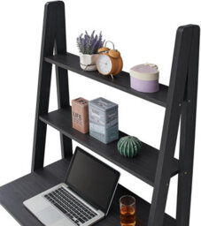Timber Art Design Riva Ladder Bookcase With 5 Tier Shelves & Overhanging Desk Shelf In Black - thumbnail 3