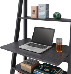 Timber Art Design Riva Ladder Bookcase With 5 Tier Shelves & Overhanging Desk Shelf In Black - thumbnail 2