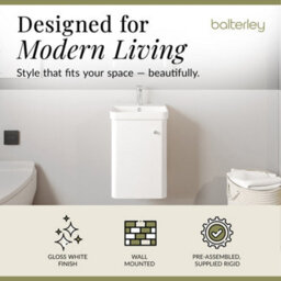 Balterley Flashbrook Contemporary Bathroom Wall Hung Single Door Vanity Unit & Ceramic Basin, Gloss White, 405mm - thumbnail 3