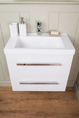 Rinse Bathrooms Gloss White Modern Bathroom Wall Hung Vanity Basin Sink Unit Storage Cabinet 2 Soft Close Drawer - image 1