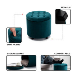 Hnnhome 45Cm Round Teal Velvet Padded Seat Ottoman Storage Stool Box, Footstool Pouffes Chair With Lids - thumbnail 2