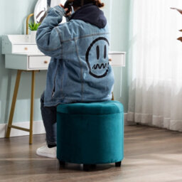 Hnnhome 45Cm Round Teal Velvet Padded Seat Ottoman Storage Stool Box, Footstool Pouffes Chair With Lids - thumbnail 5