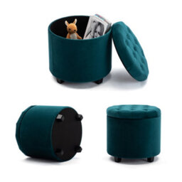 Hnnhome 45Cm Round Teal Velvet Padded Seat Ottoman Storage Stool Box, Footstool Pouffes Chair With Lids - thumbnail 4