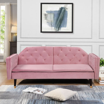 Comfy Living Pink Plush Velvet Tufted Sofa Bed With Black And Gold Legs - image 1