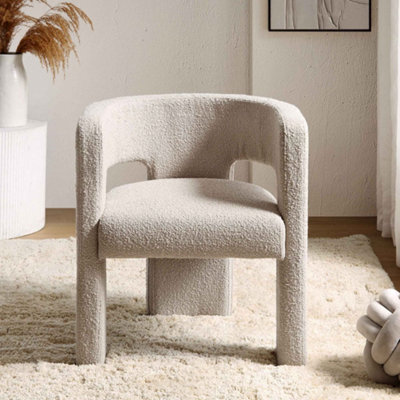 Nordic Style Tripod Three Legged Bouclé Armchair Dining Chair White Accent Seating - image 1