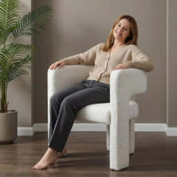 Nordic Style Tripod Three Legged Bouclé Armchair Dining Chair White Accent Seating - thumbnail 9