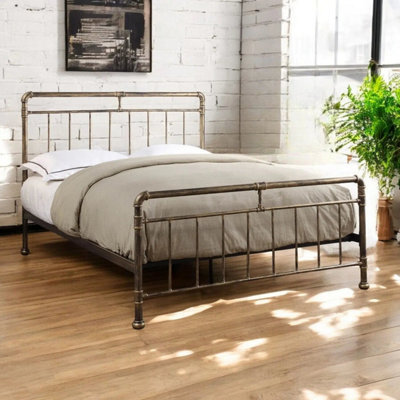 OAT Home Fulham Industrial Scaffold Antique Brass Effect Metal Bed Frame -Double - image 1