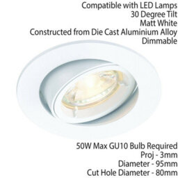 Tilting Round Recess Ceiling Down Light White 95mm Flush Gu10 Lamp Fitting - thumbnail 2