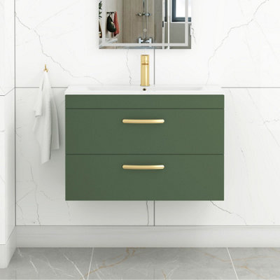 Royal Bathrooms Turin 800mm Wall Hung Vanity Unit Matt Green 2 Drawer Minimalist Basin With Brushed Brass Handles - image 1