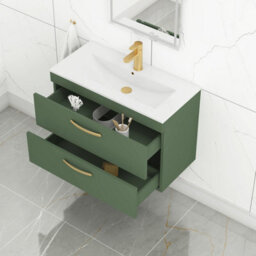 Royal Bathrooms Turin 800mm Wall Hung Vanity Unit Matt Green 2 Drawer Minimalist Basin With Brushed Brass Handles - thumbnail 5
