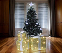 3 Piece Light Up Gift Box Set With 58 Led White Lights, Battery Powered Christmas Décor With On/off (Golden With Silver Bow) - thumbnail 3
