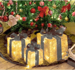 3 Piece Light Up Gift Box Set With 58 Led White Lights, Battery Powered Christmas Décor With On/off (Golden With Silver Bow) - thumbnail 2