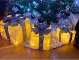 3 Piece Light Up Gift Box Set With 58 Led White Lights, Battery Powered Christmas Décor With On/off (Golden With Silver Bow) - thumbnail 1