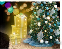3 Piece Light Up Gift Box Set With 58 Led White Lights, Battery Powered Christmas Décor With On/off (Golden With Silver Bow) - thumbnail 4