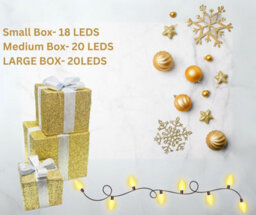 3 Piece Light Up Gift Box Set With 58 Led White Lights, Battery Powered Christmas Décor With On/off (Golden With Silver Bow) - thumbnail 5