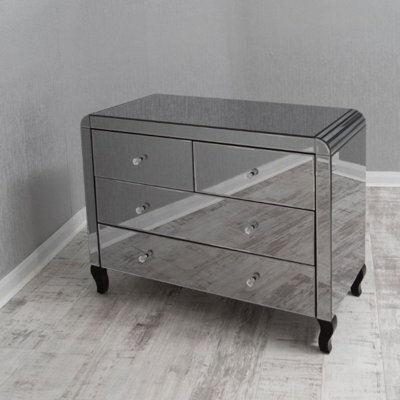 Mihomeuk Blake Smoke Mirrored 2 + 2 Chest Of Drawers With Crystal Handles & Wood Legs