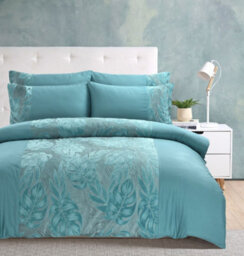 Homes & Linen Teal Luxury Velvet Duvet Cover Set With Botanical Leaf Cut-Out Design & Pillowcases