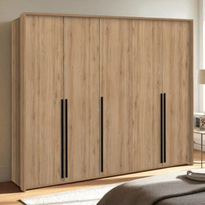 Arte Genua 5-Door Wardrobe - Wild Oak With Black Handles, Premium Rustic Storage W255 X H217 X D65Cm - image 1