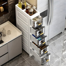 5 Tier Grey  Slim Storage Cabinet Narrow Slide Out Drawers Bathroom Kitchen Gap Storage Unit - thumbnail 1