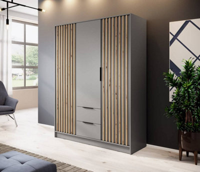 Arte Nelly Contemporary Hinged 3 Door Wardrobe Grey 2 Drawers 8 Shelves 1 Hanging Rail Lamela Decor (H)2000mm (W)1550mm (D)510mm - image 1