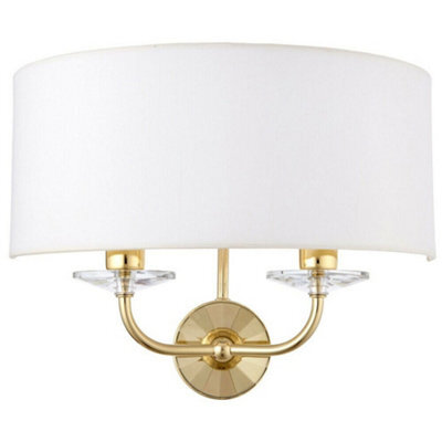 Dimmable Twin Wall Light Brass Glass White Fabric Shade Curved Arm Lamp Fitting - image 1