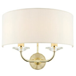 Dimmable Twin Wall Light Brass Glass White Fabric Shade Curved Arm Lamp Fitting - thumbnail 3