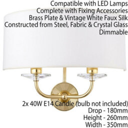 Dimmable Twin Wall Light Brass Glass White Fabric Shade Curved Arm Lamp Fitting - thumbnail 2