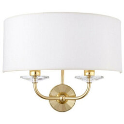 Dimmable Twin Wall Light Brass Glass White Fabric Shade Curved Arm Lamp Fitting - thumbnail 1