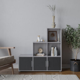 Urbn-Living Urbnliving 91Cm Height 6 Cube Step Grey Storage Bookcase Shelf Unit Black Wooden Door With Metal Handle