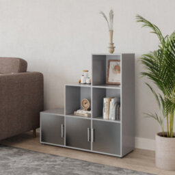 Urbn-Living Urbnliving 91Cm Height 6 Cube Step Grey Storage Bookcase Shelf Unit Black Wooden Door With Metal Handle - thumbnail 3