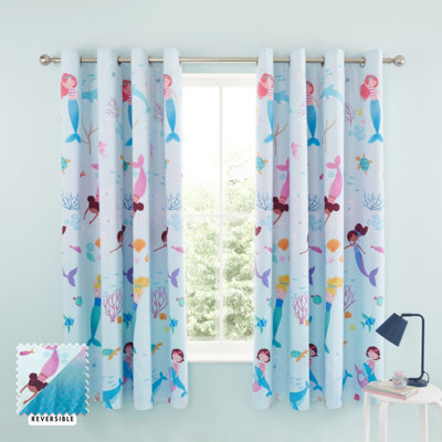Catherine Lansfield Mermaid 66X72 Inch Fully Reversible Two Curtain Panels Blue/pink - image 1