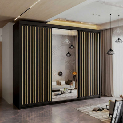 M N Furniture Ltd Wardrobe With Led Light - Modern Sliding Wardrobe - 2 Or 3 Door Bedroom Cabinet With Mirror (Black/oak, 250Cm) - image 1