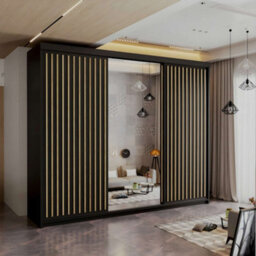 M N Furniture Ltd Wardrobe With Led Light - Modern Sliding Wardrobe - 2 Or 3 Door Bedroom Cabinet With Mirror (Black/oak, 250Cm)
