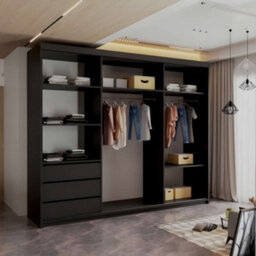 M N Furniture Ltd Wardrobe With Led Light - Modern Sliding Wardrobe - 2 Or 3 Door Bedroom Cabinet With Mirror (Black/oak, 250Cm) - thumbnail 2