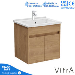 Vitra 600mm Wall Hung Bathroom Vanity Unit With 2 Doors & Basin - Golden Oak Includes Chrome Tap - thumbnail 1