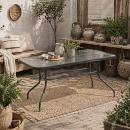 Wyld Haus Lemone 140Cm Charcoal Grey Rectangular Garden Dining Table With Tempered Glass Top And Parasol Hole